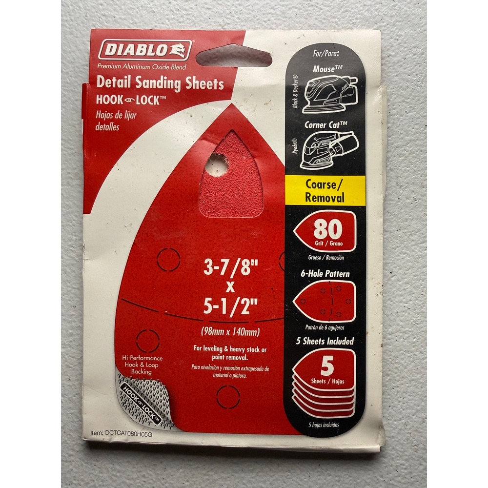 Diablo 80 Grit Detail Sanding Sheets Hook & Lock 5 Pack DCTCAT080H05G